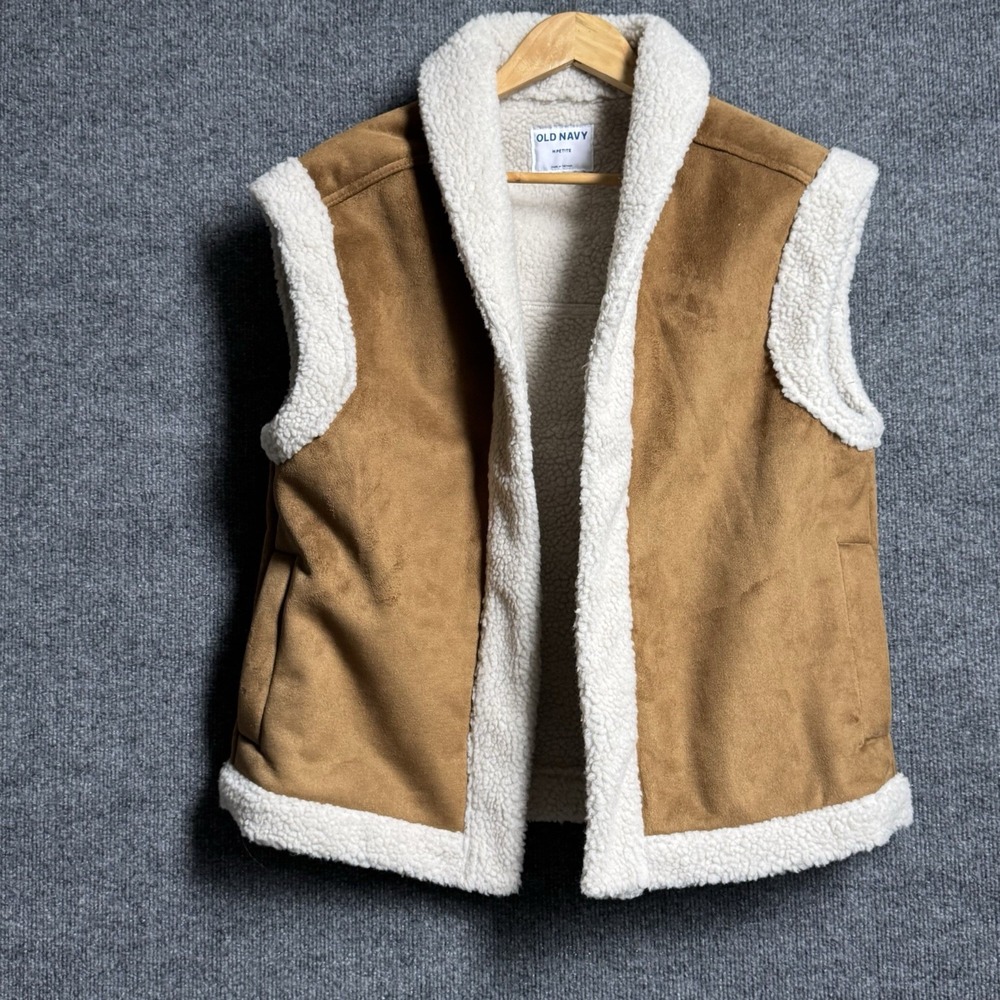 Old Navy Vest Womens M Petite Brown Faux Suede Sherpa Lined Western Cowgirl Boho